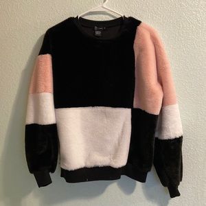 Women’s medium Black, Pink White and fur sweater